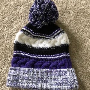 Purple, black and white hat